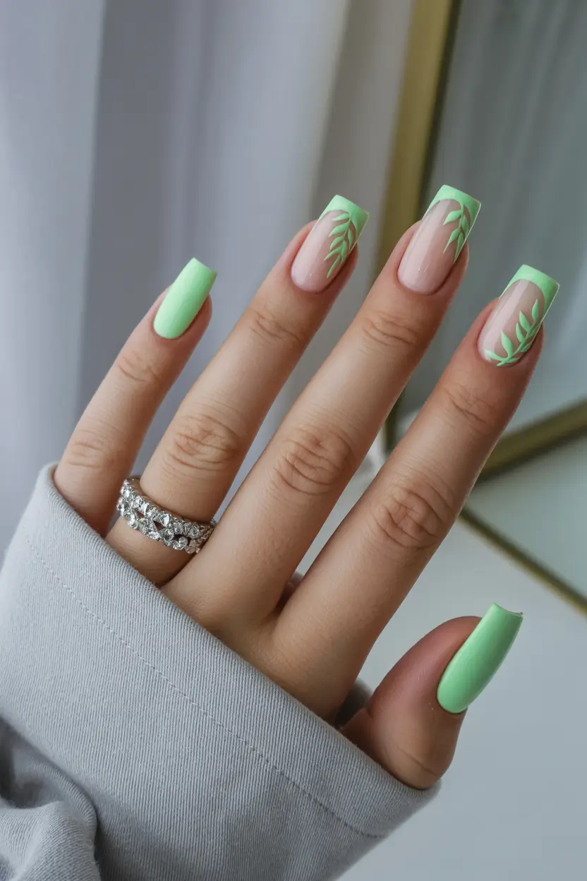 Chic Spring Nails Square 2026 mint leaf french square nails