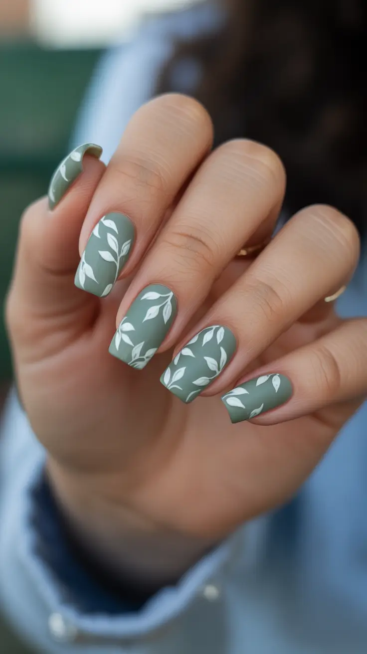 Chic Spring Nails Square 2026 sage green leaf nail design