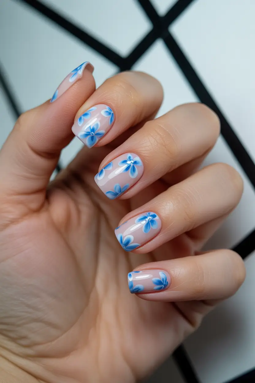 Chic Spring Nails Square 2026 blue floral square nails