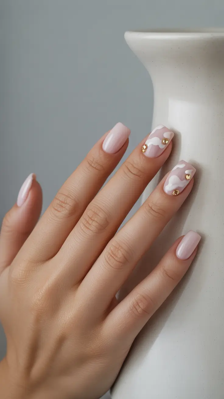 Chic Spring Nails Square 2026 soft pink nails with gold accents