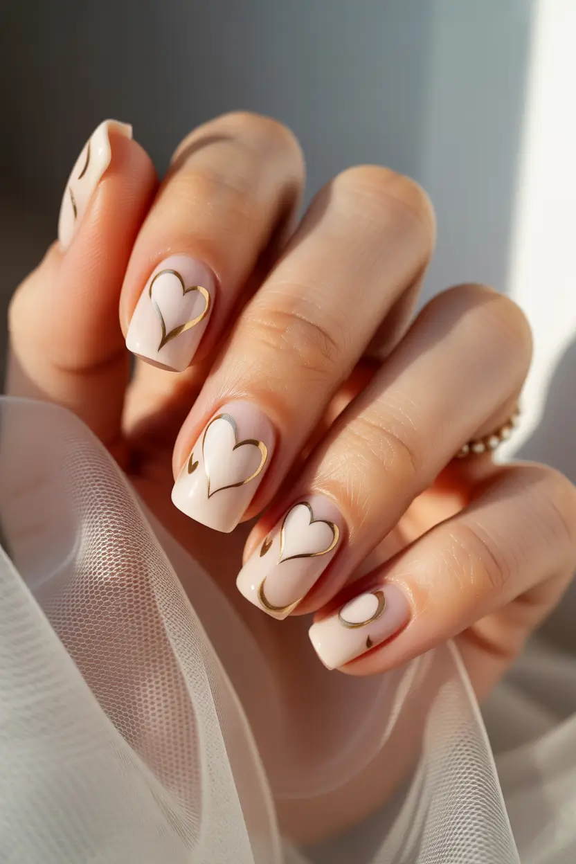 spring nails square 2026 Soft Nude Square Nails with Minimal Gold Heart Accents