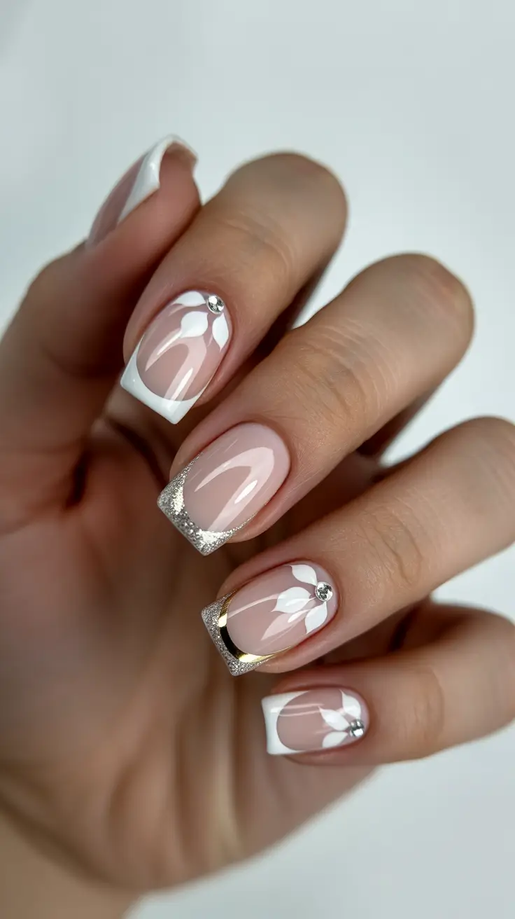 spring nails square 2026 Modern French Square Nails with Crystal and Metallic Details
