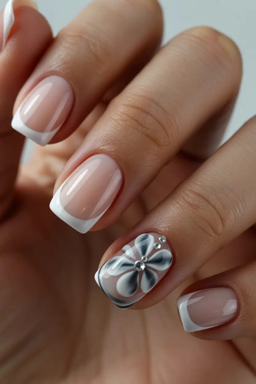 spring nails square 2026 Classic Short Square French with a Modern Floral Accent