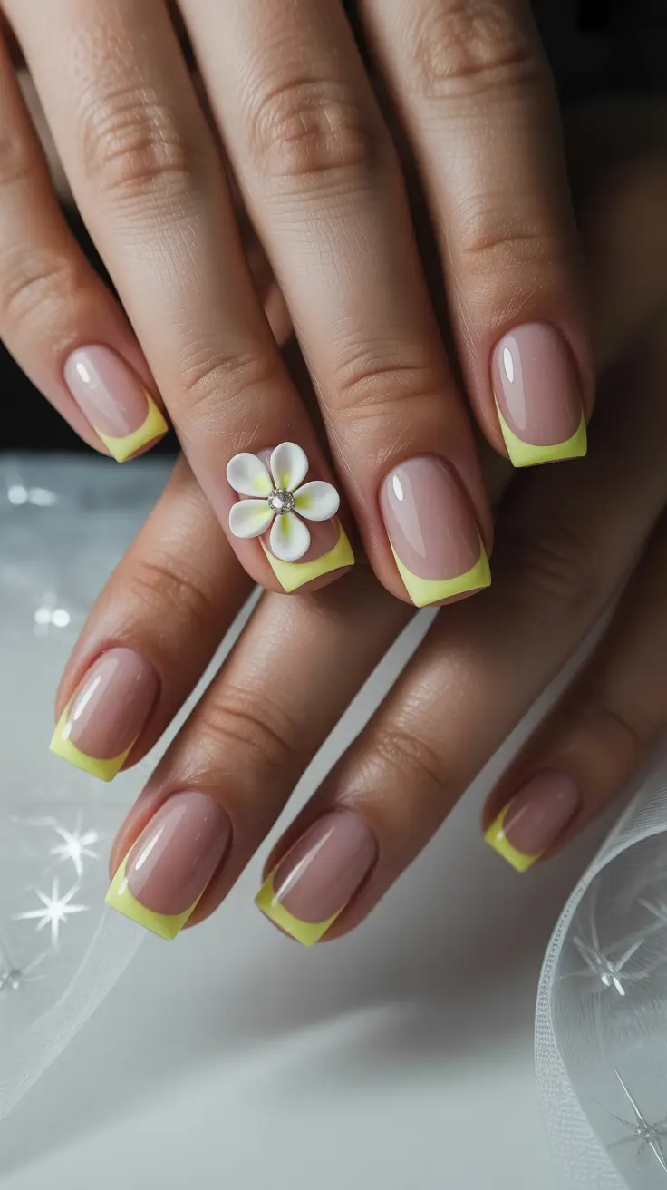 spring nails square 2026 Fresh Yellow French Square Nails with a Spring Flower Detail