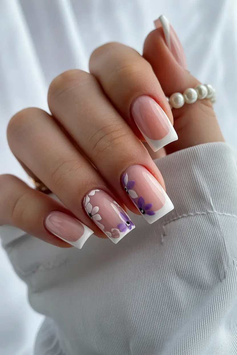 spring nails square 2026 Soft Lavender Floral Square Nails for a Light Spring Mood