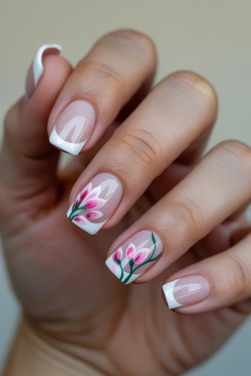spring nails square 2026 Delicate Pink Floral Square Nails with a Classic French Base