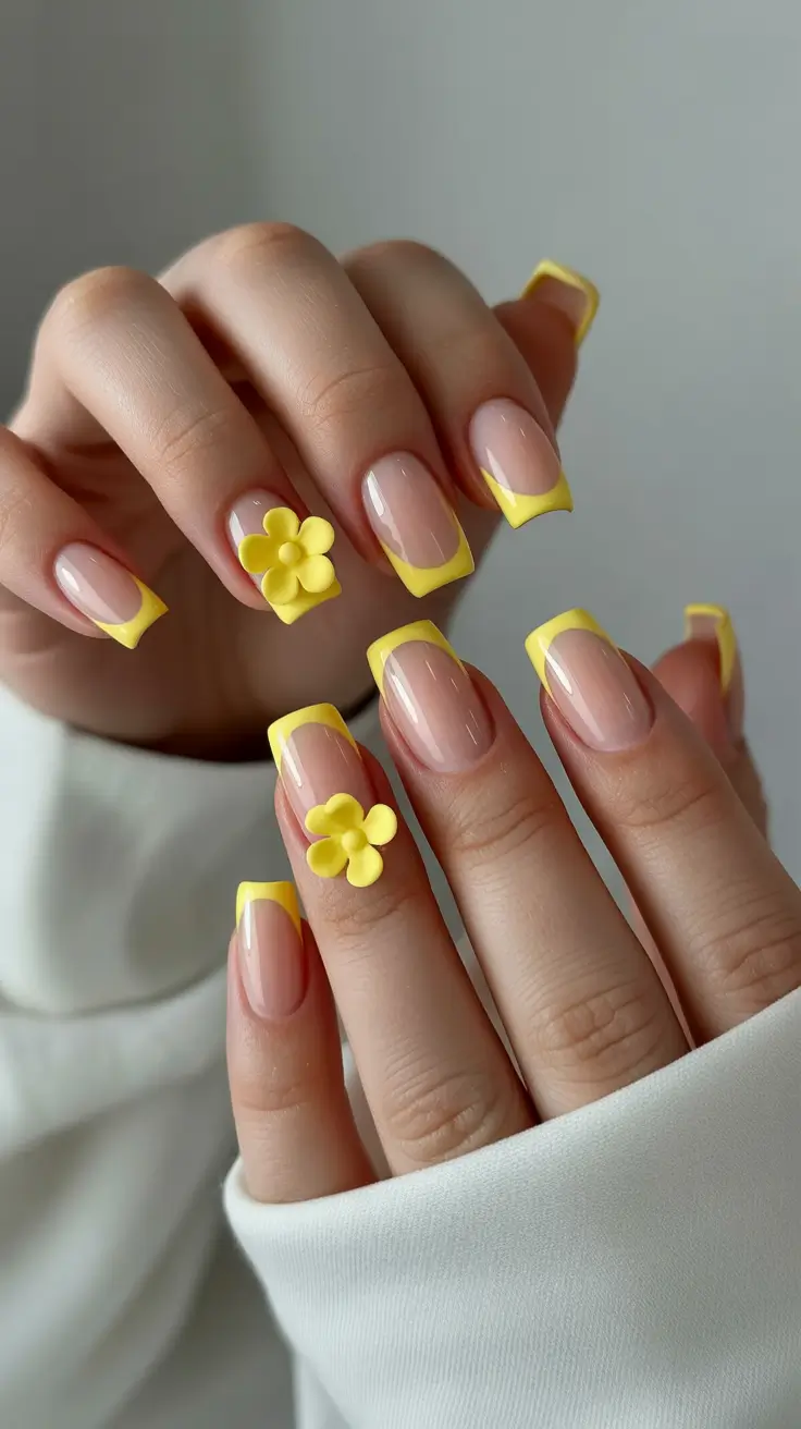 Chic Spring Nails Square 2026 yellow french tip floral nails