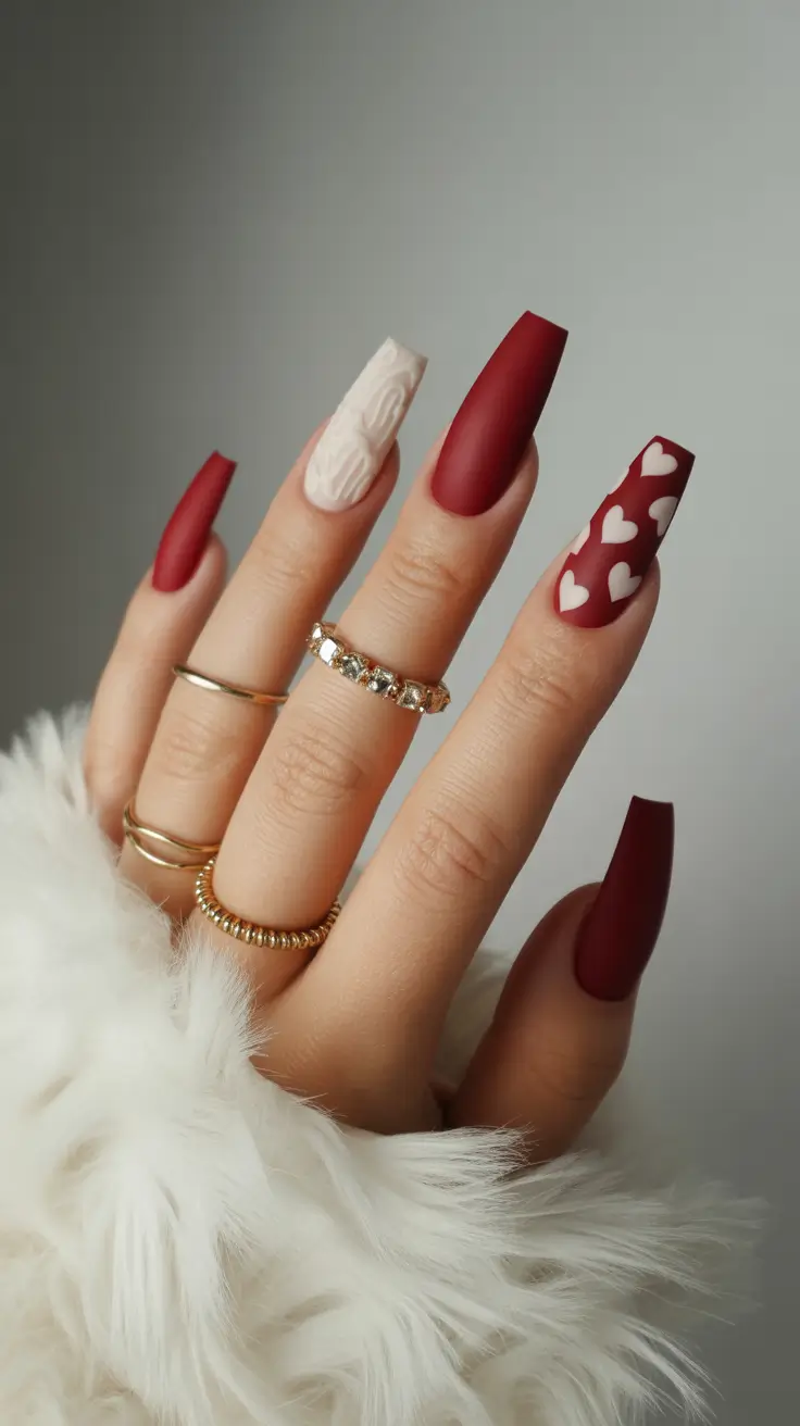 Chic Spring Nails Square 2026 burgundy matte heart nail design