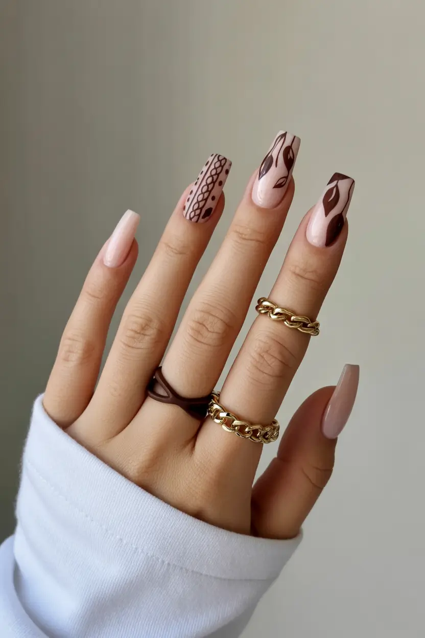 Chic Spring Nails Square 2026 neutral abstract brown nail art