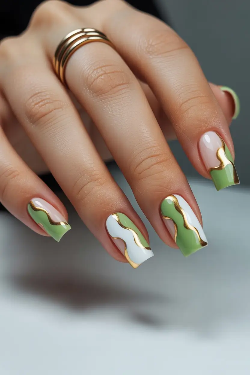 Chic Spring Nails Square 2026 green abstract gold nails