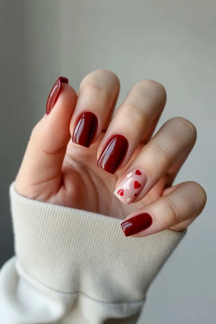 Chic Spring Nails Square 2026 red nails with heart accent