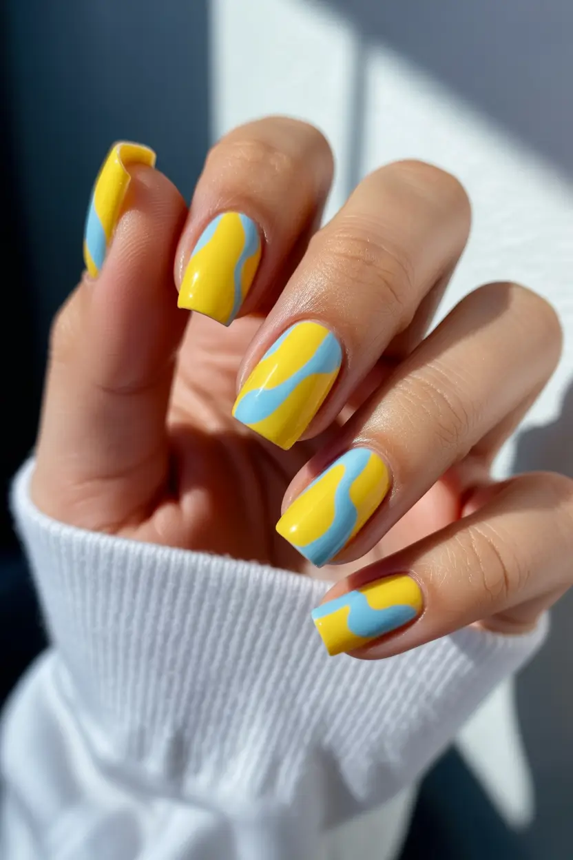 Chic Spring Nails Square 2026 yellow blue abstract square nails
