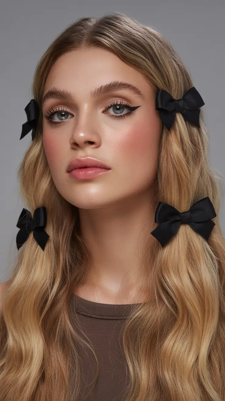 spring wavy hairstyle 2026 Soft Long Waves With Playful Bow Details