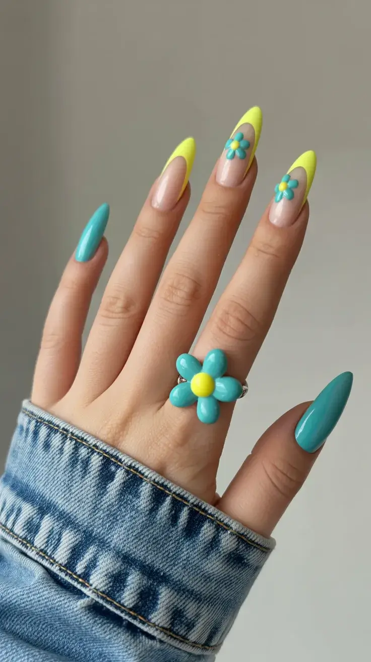 cute easter nail art ideas 2026 Bright Yellow and Turquoise Daisy Spring Nails
