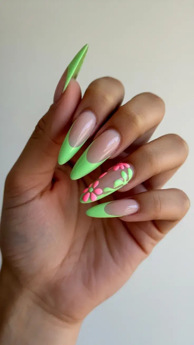cute easter nail art ideas 2026 Neon Spring French with Floral Accent