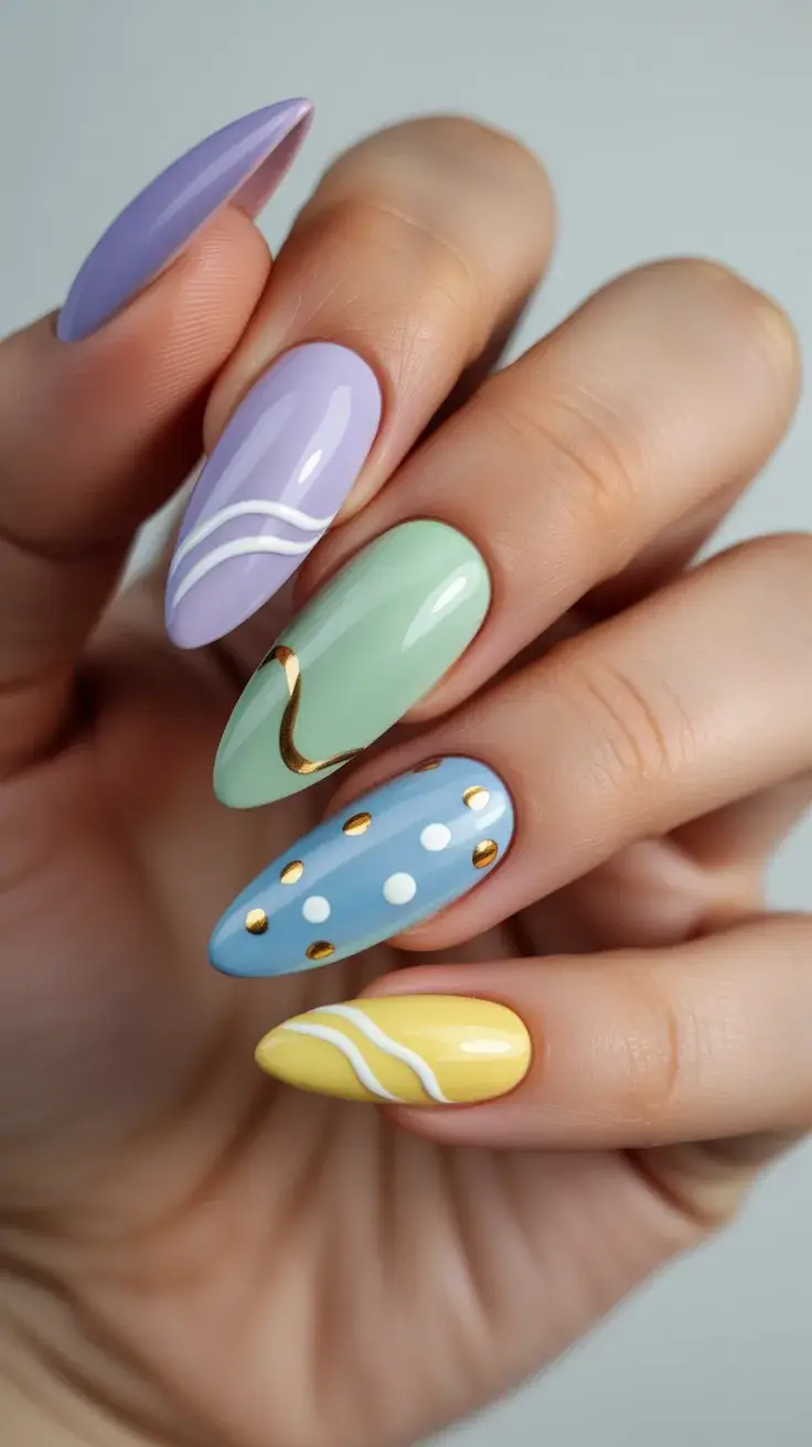 cute easter nail art ideas 2026 Elegant Pastel Mix with Gold Spring Details