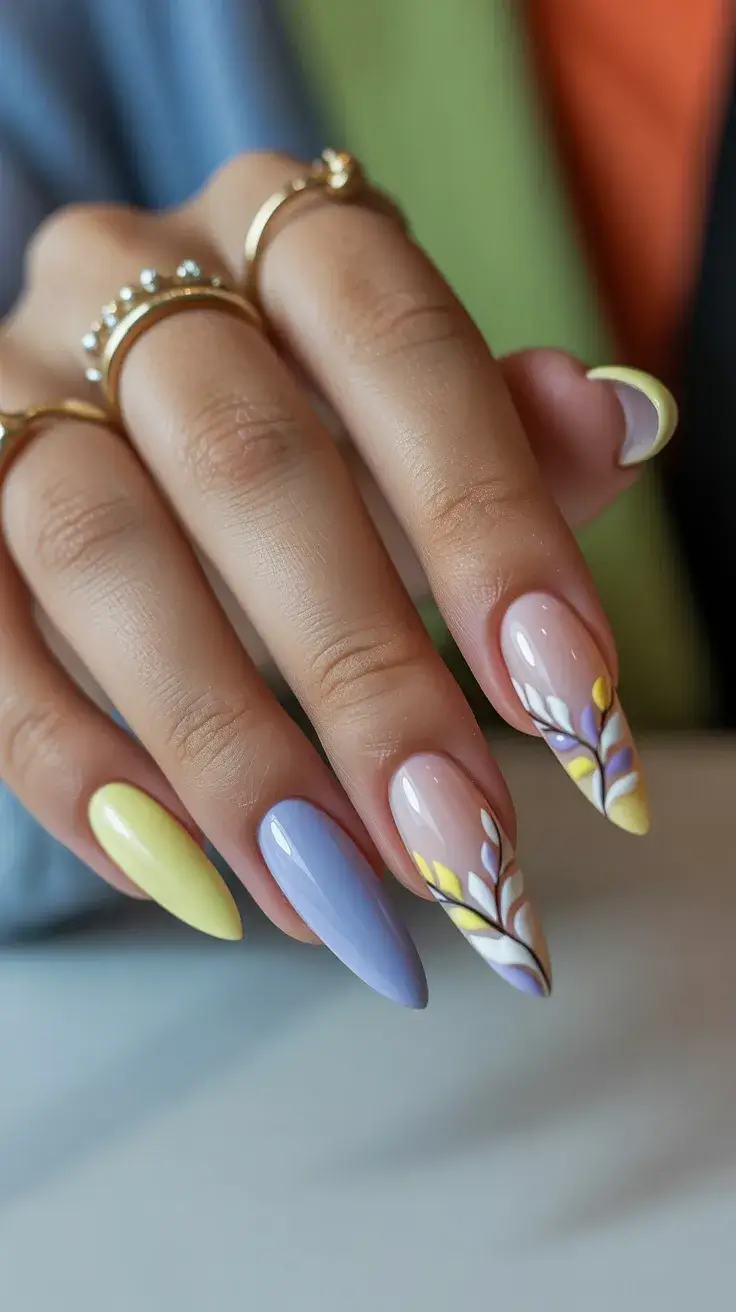cute easter nail art ideas 2026 Spring Botanical Nails with Soft Easter Colors