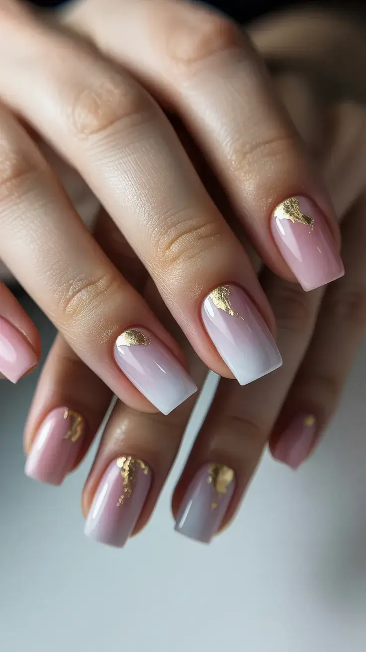 cute easter nail art ideas 2026 Soft Ombre Nails with Gold Leaf Details