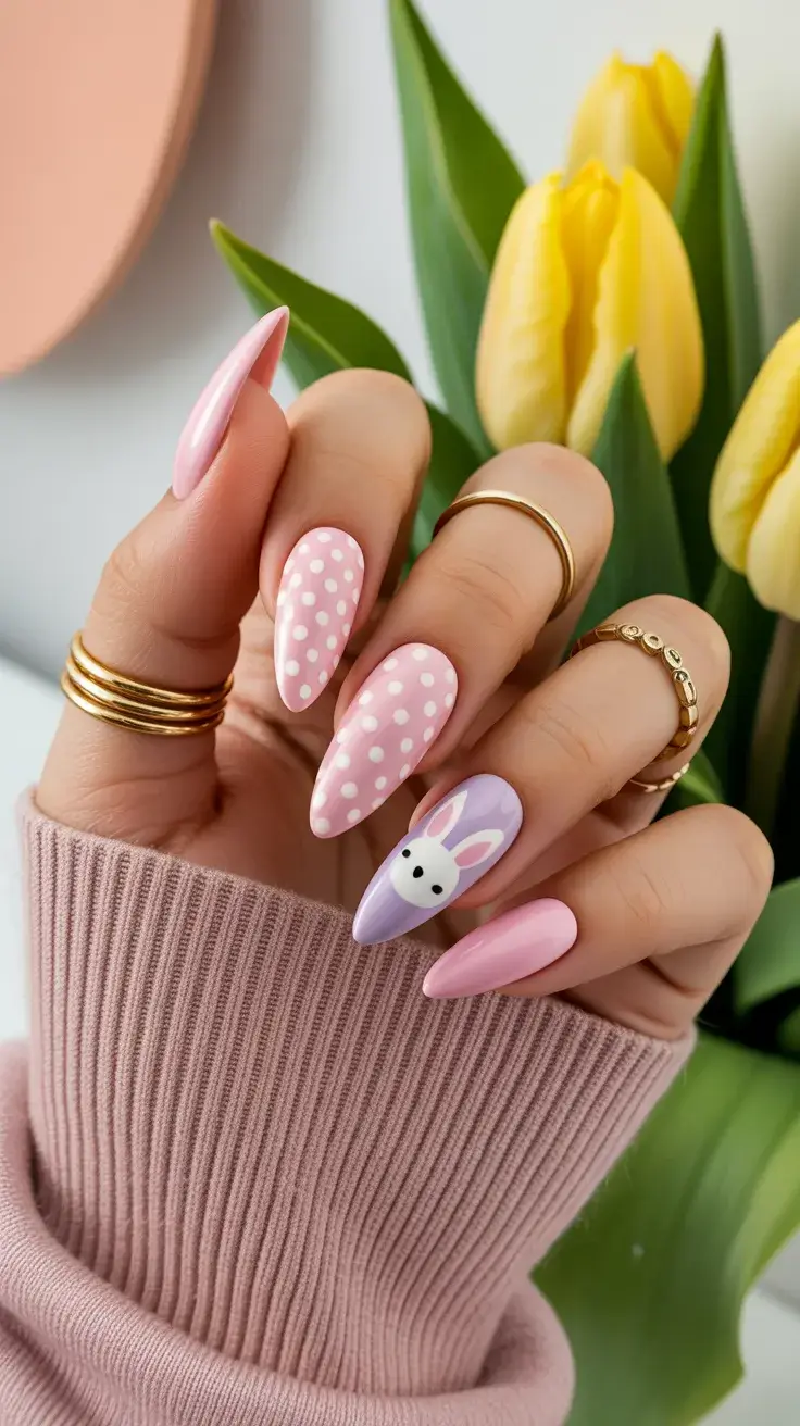 cute easter nail art ideas 2026 Sweet Bunny Accent Nails with Soft Pastel Pink