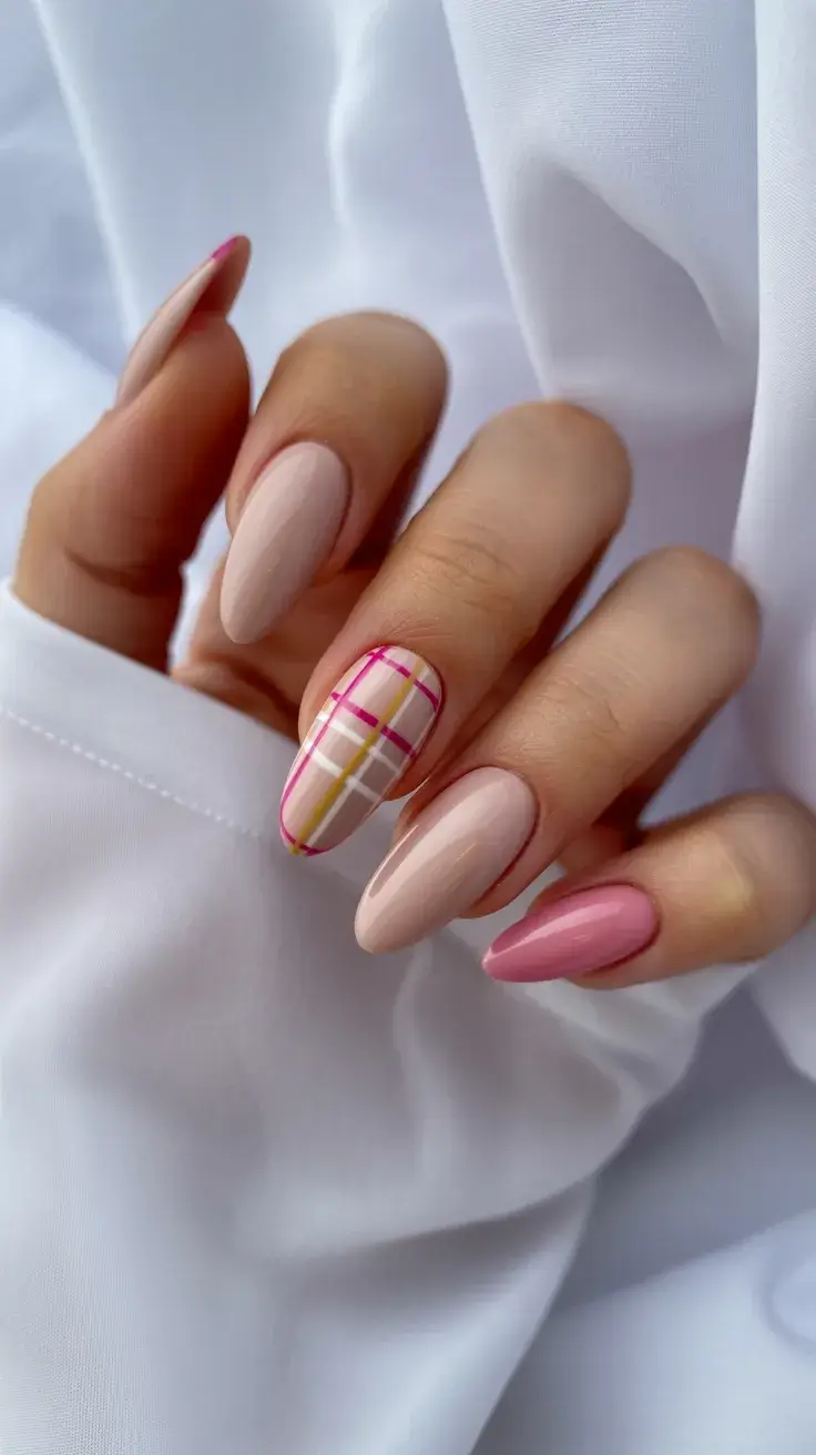 cute easter nail art ideas 2026 Soft Plaid Pastel Nails for a Cozy Easter Style