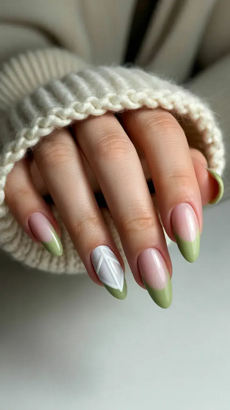 cute easter nail art ideas 2026 Soft Green French Tips with Elegant Cross Accent