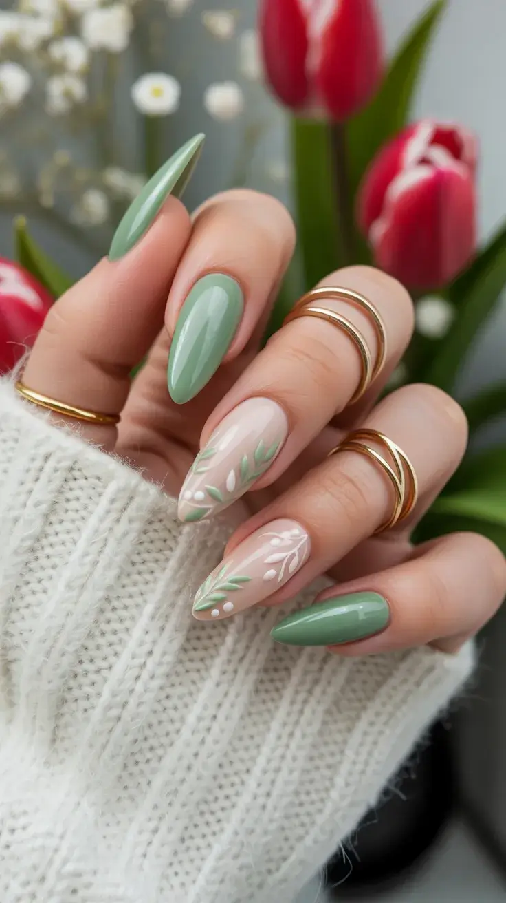 cute easter nail art ideas 2026 Fresh Sage Green Spring Leaves Nail Design