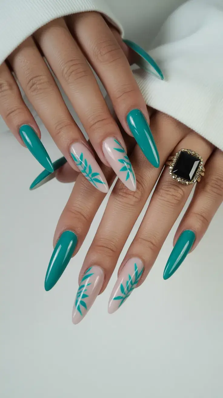 cute easter nail art ideas 2026 Bold Teal Botanical Easter Nails
