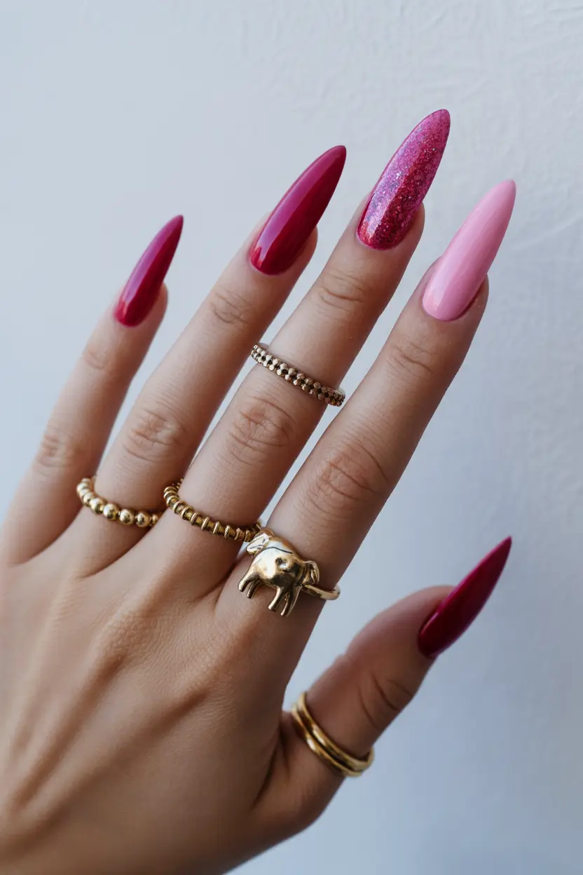 Cute Spring Long Nails 2026 glossy pink berry almond nails