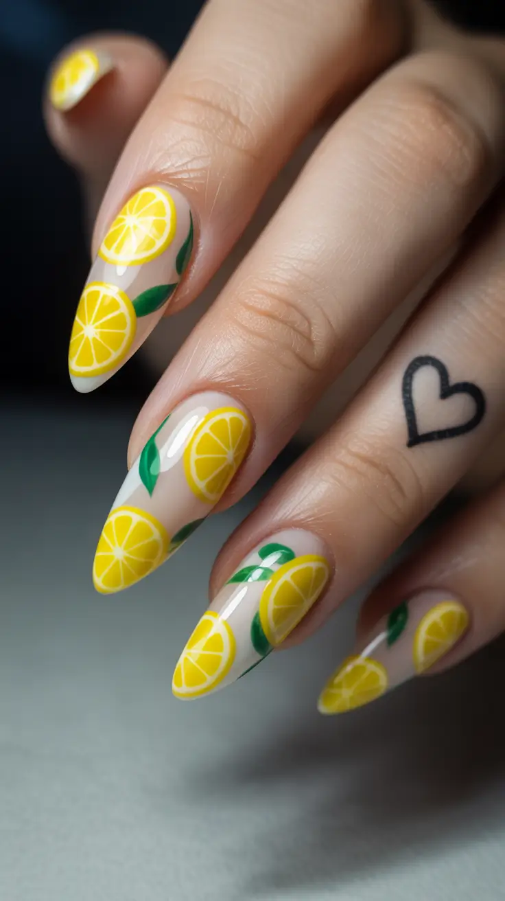 Cute Spring Long Nails 2026 lemon fruit nail art design