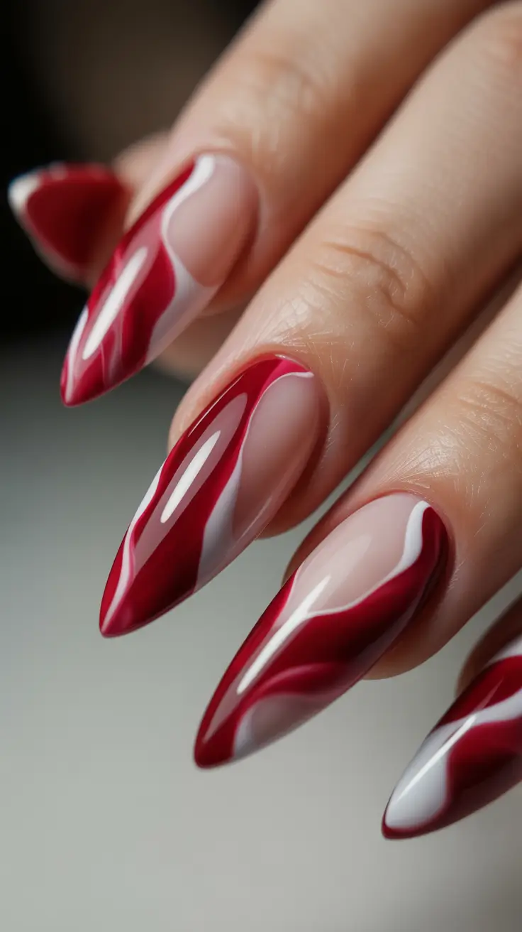 Cute Spring Long Nails 2026 red white fluid nail art
