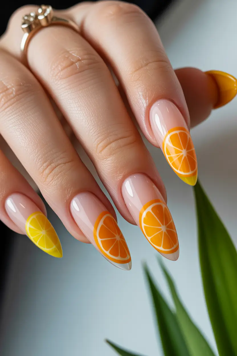 Cute Spring Long Nails 2026 orange citrus nail art design