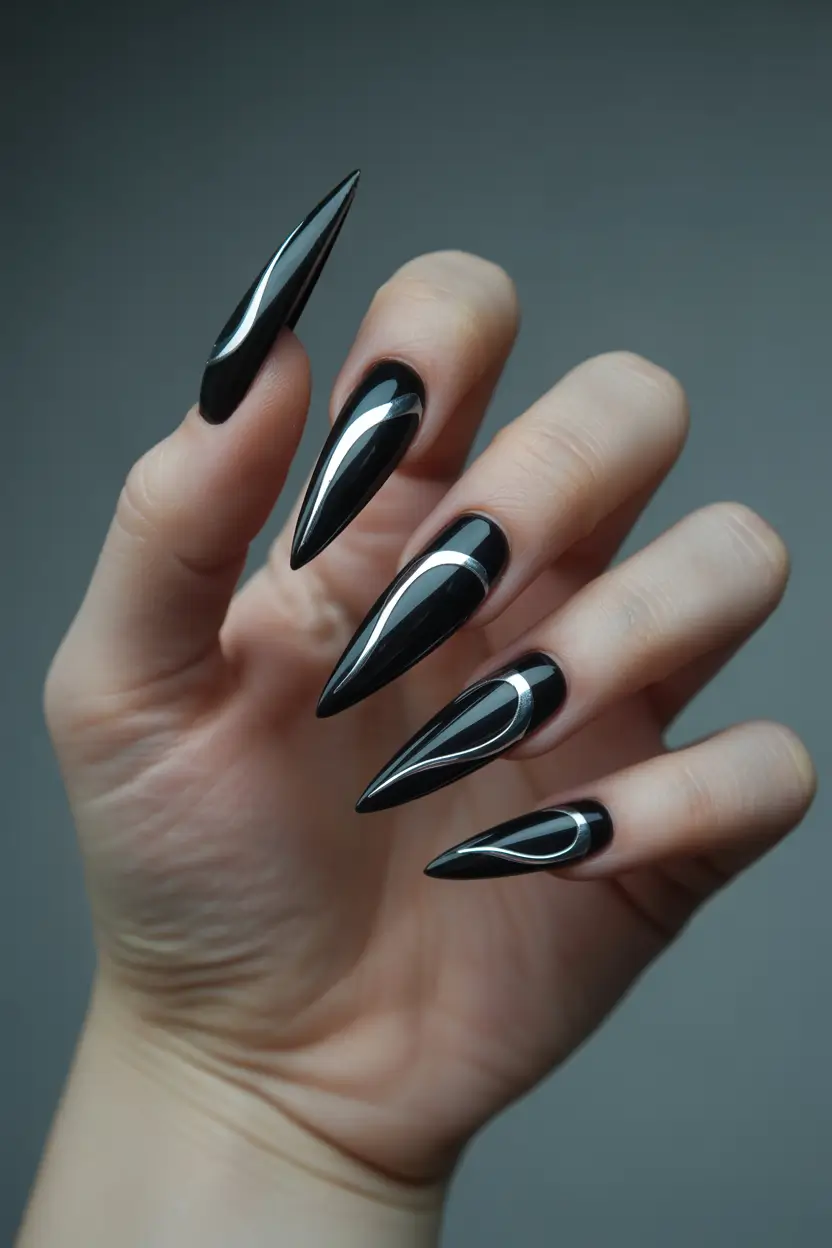 Cute Spring Long Nails 2026 black stiletto nail art with silver lines