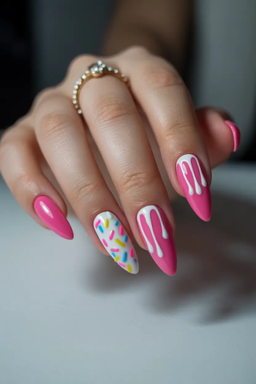 Cute Spring Long Nails 2026 playful pink drip nail art