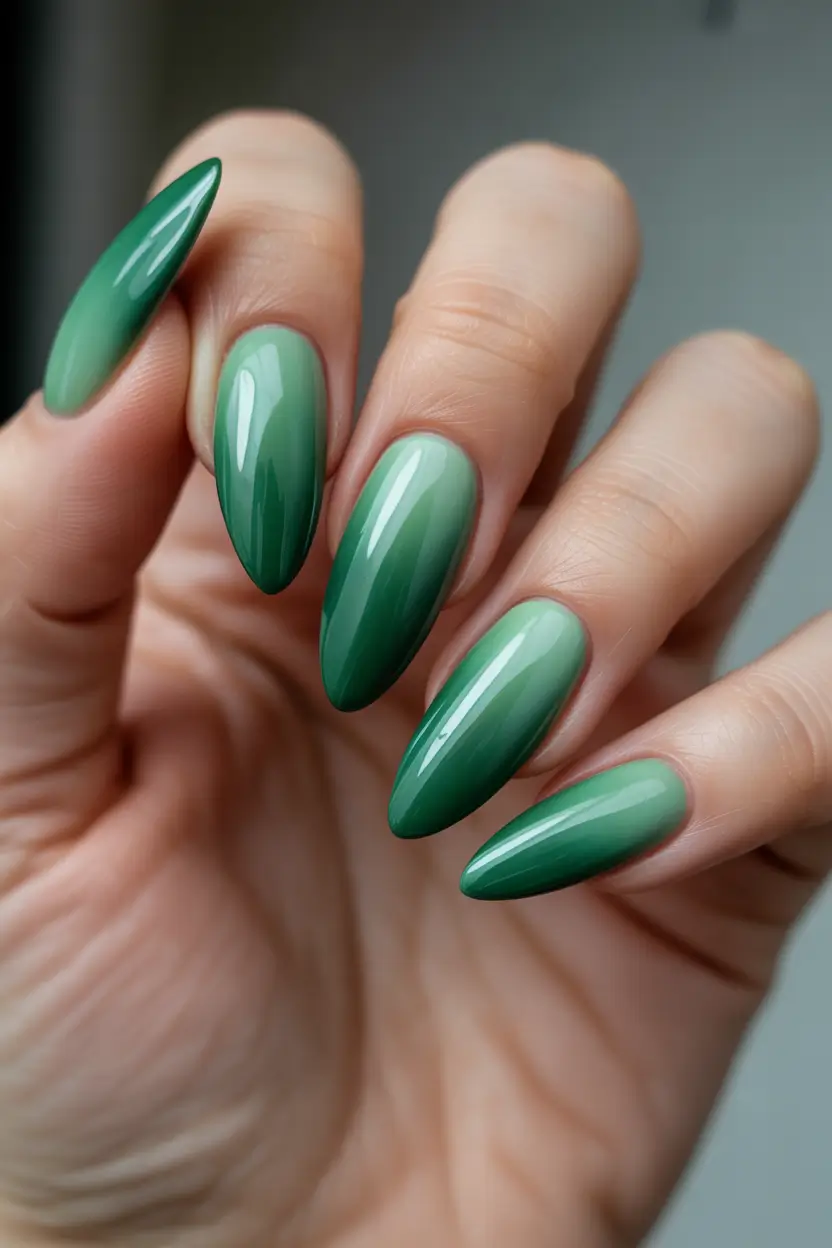 Cute Spring Long Nails 2026 glossy emerald green ombre nails