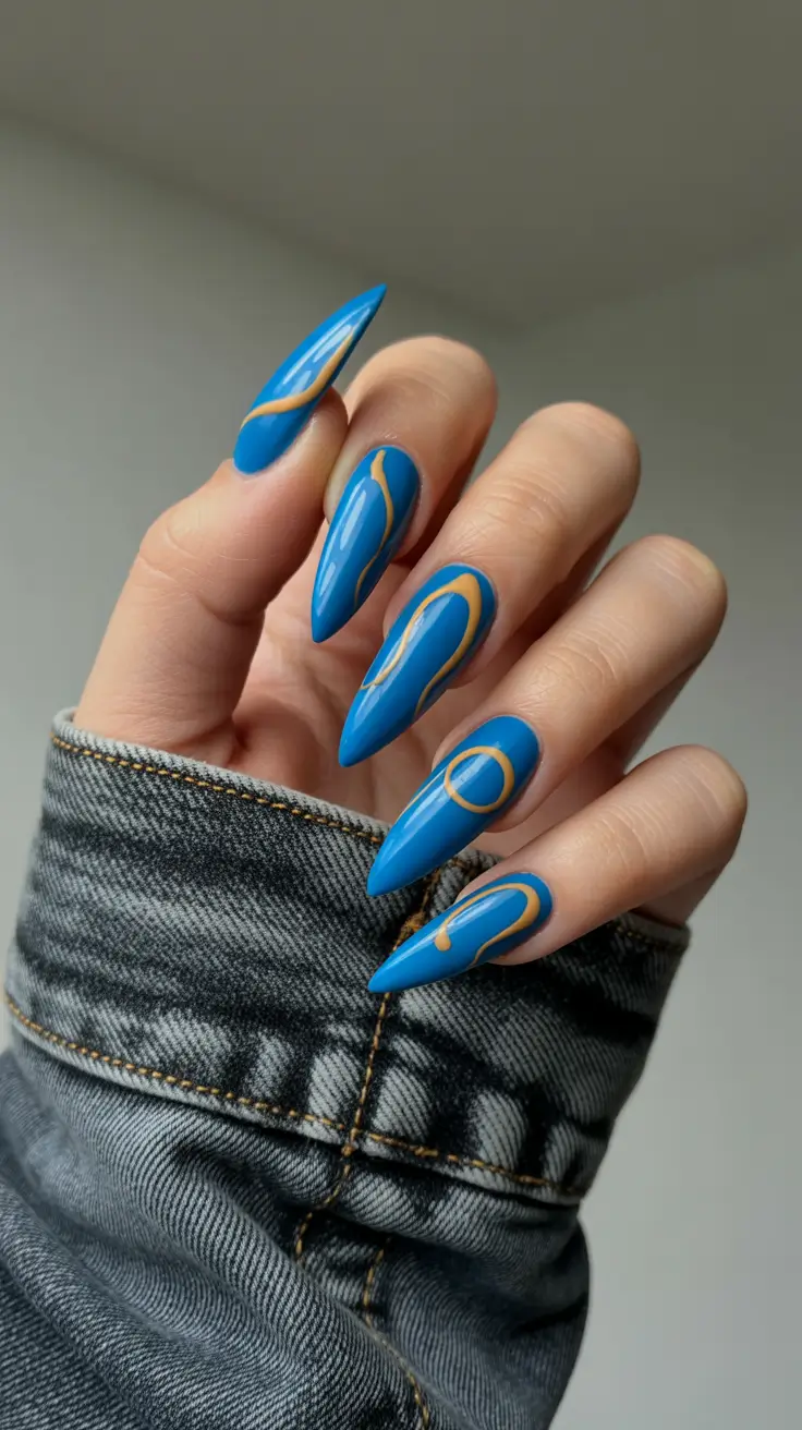 Cute Spring Long Nails 2026 blue nails with gold abstract line art