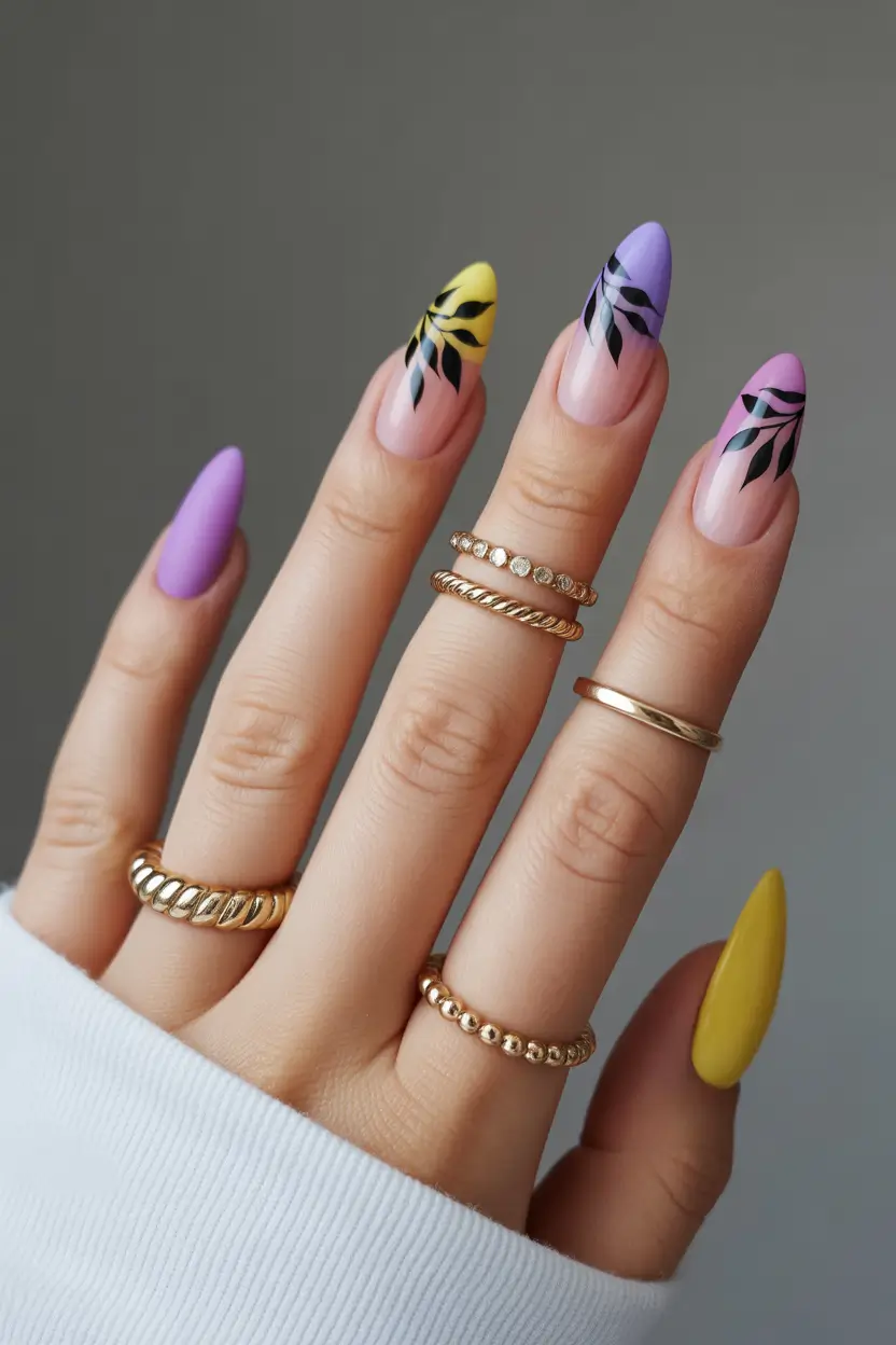Cute Spring Long Nails 2026 pastel nails with black botanical art