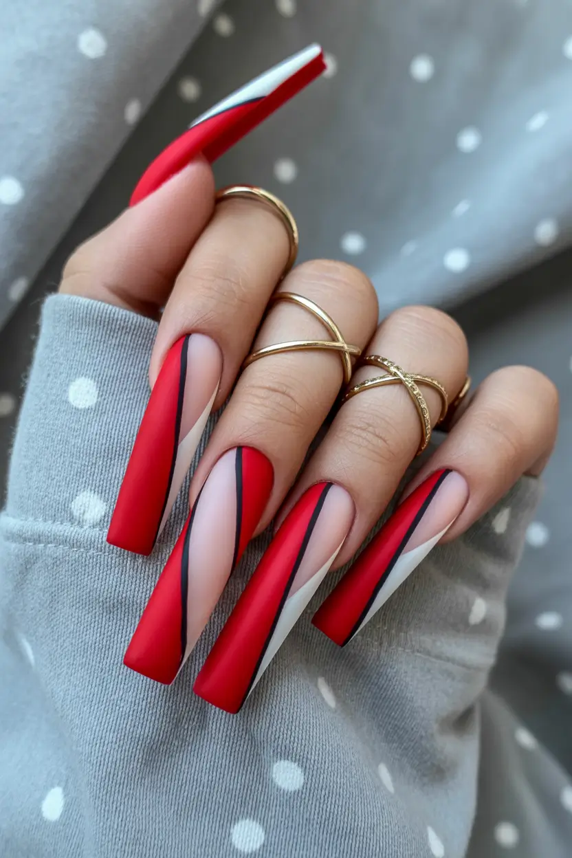 Cute Spring Long Nails 2026 bold red graphic acrylic nail art