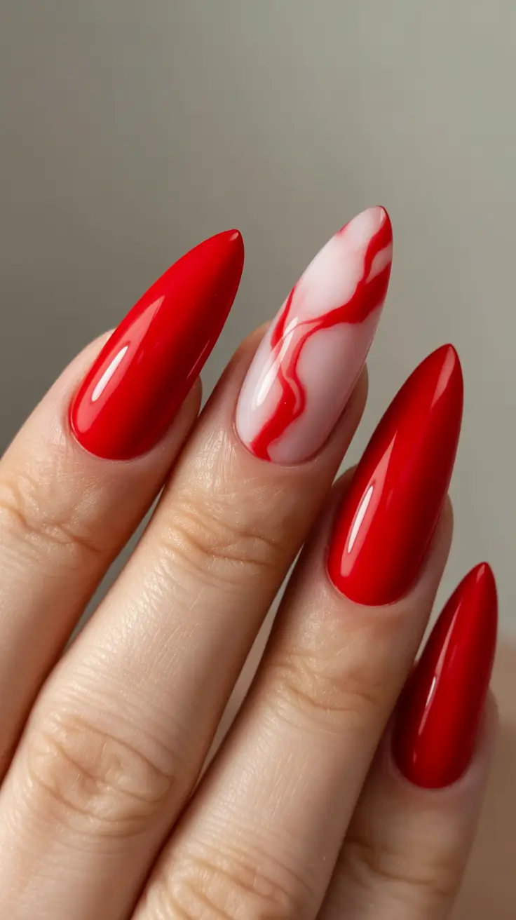 Cute Spring Long Nails 2026 glossy red abstract nail design