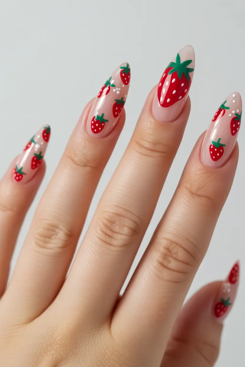 Cute Spring Long Nails 2026 strawberry nail art design