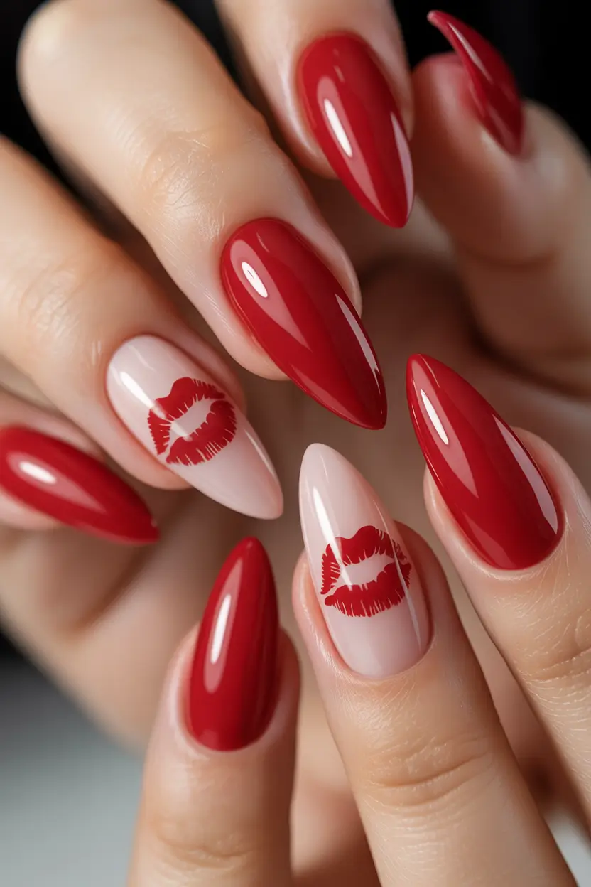 Cute Spring Long Nails 2026 red lip print nail art