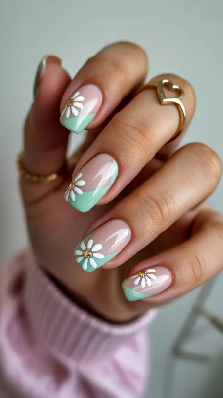 Cute Spring Nails For Pale Skin 2026 Mint French Nails With Soft Daisy Accents