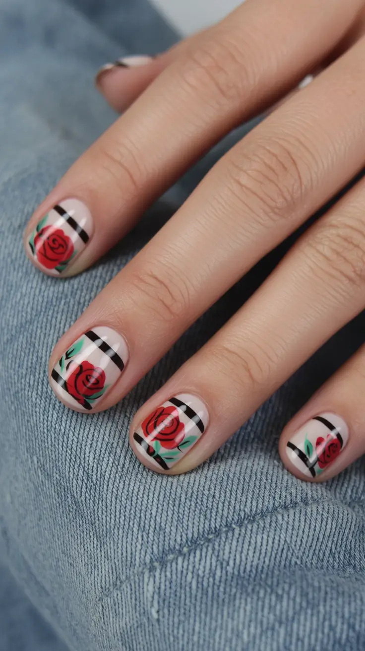 cute spring nails for pale skin 2026 Classic Red Rose Nails with Soft Vintage Plaid