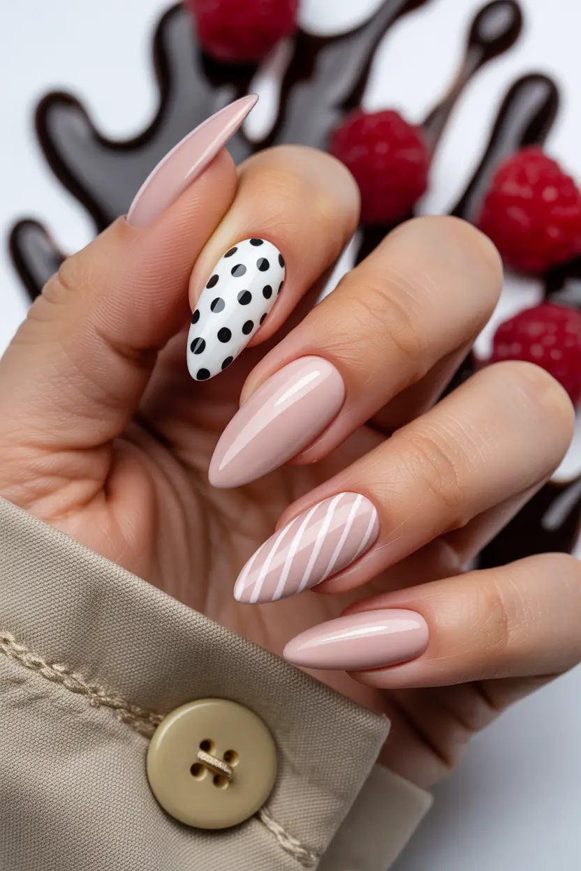 Cute Spring Nails For Pale Skin 2026 Soft Nude and Polka Dot Nails for an Effortlessly Cute Spring Look