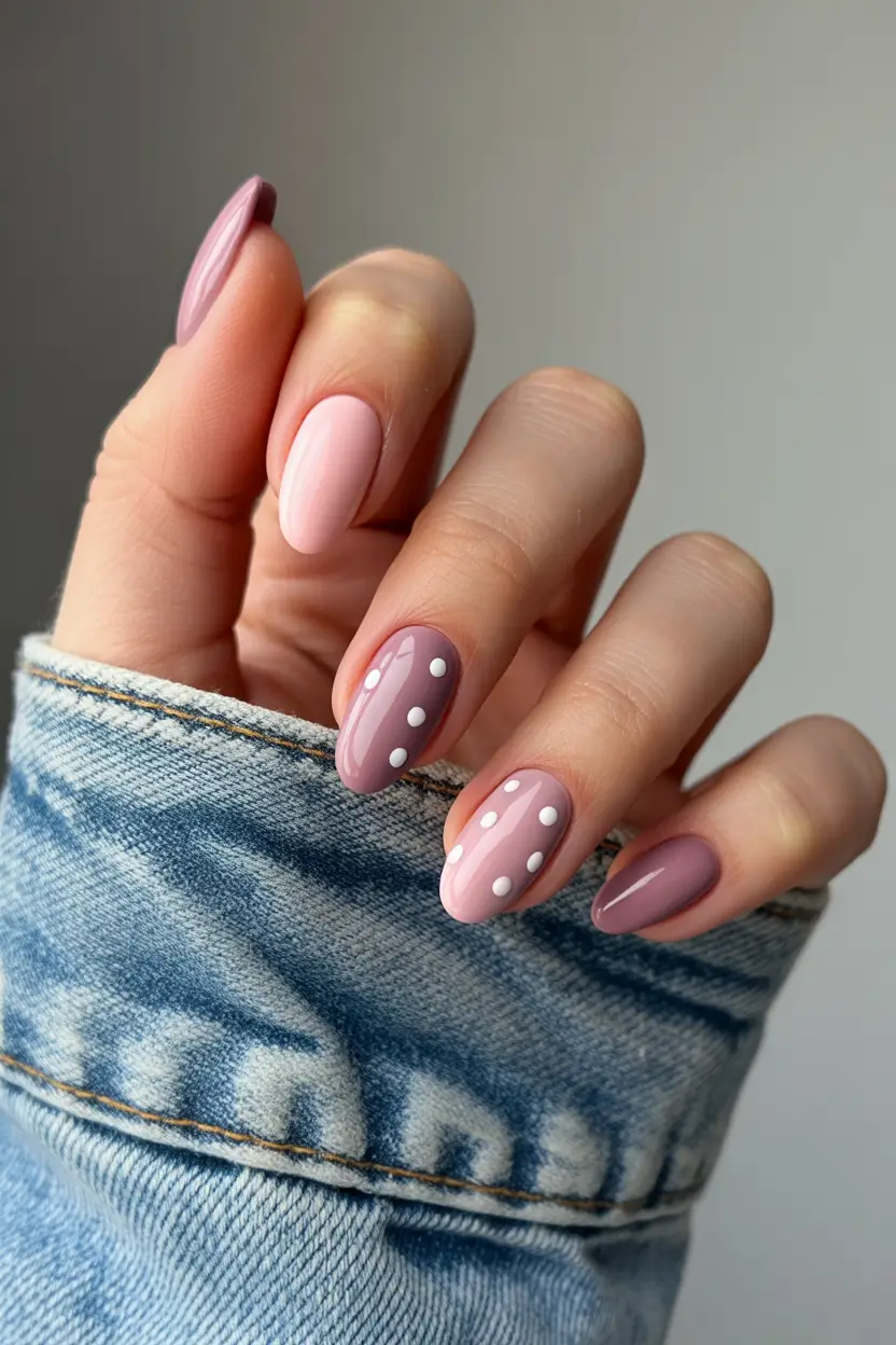 Cute Spring Nails For Pale Skin 2026 Muted Mauve and Soft Dot Nails for a Cozy Early Spring Style