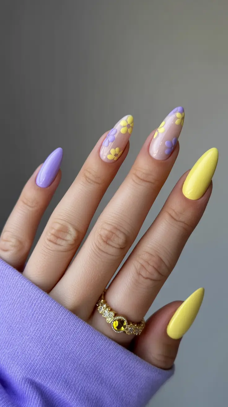 Cute Spring Nails For Pale Skin 2026 Pastel Yellow And Lavender Flower Nails For Bright Spring Days