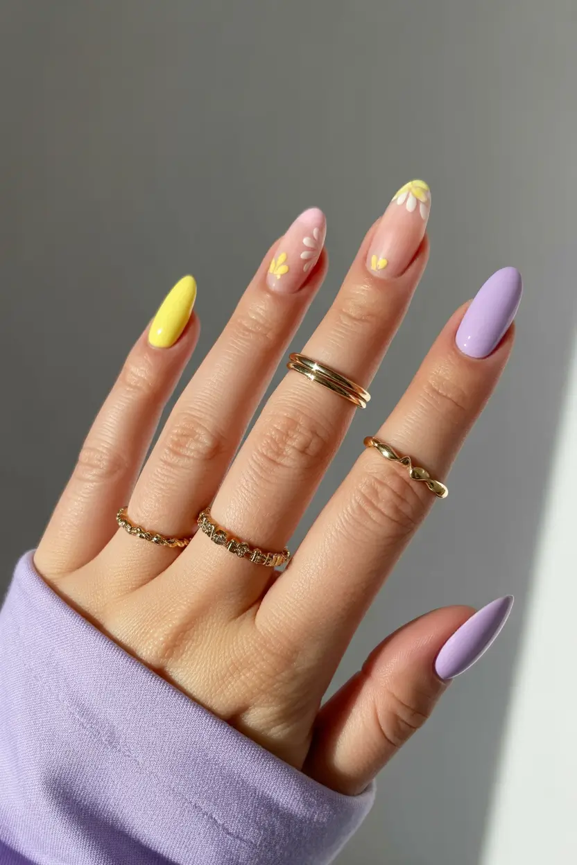 Cute Spring Nails For Pale Skin 2026 Minimal Daisy Nail Art With Soft Lavender And Lemon Colors