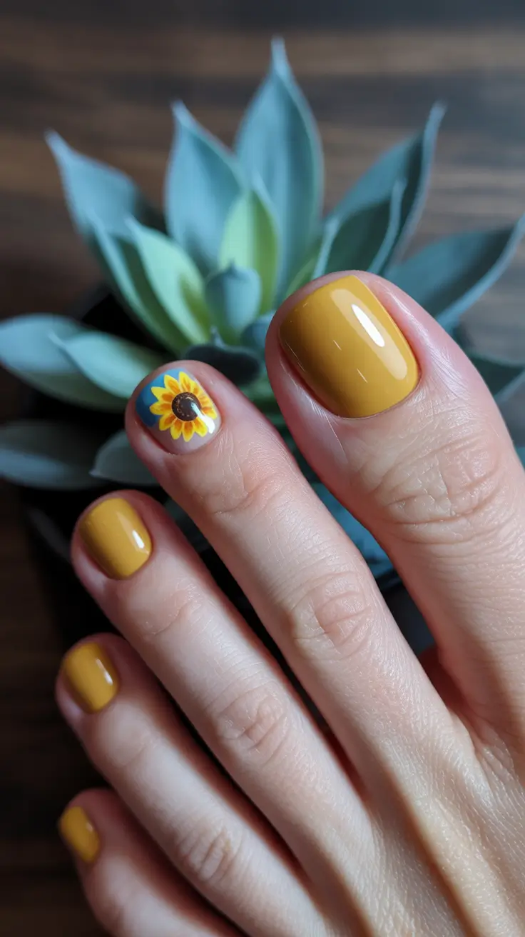 Cute Spring Toe Nail Color Ideas 2026 Sunny Mustard Pedicure With Floral Accent