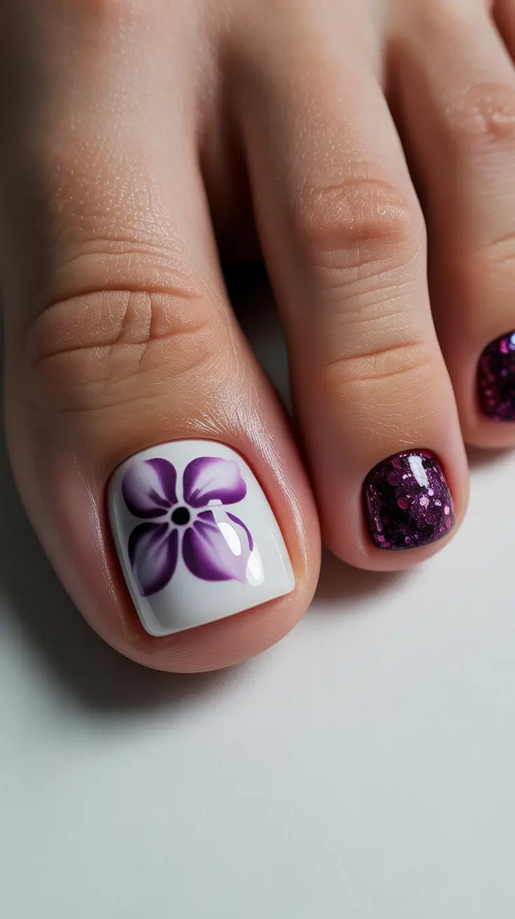 Cute Spring Toe Nail Color Ideas 2026 White And Plum Floral Pedicure With Glitter Accent