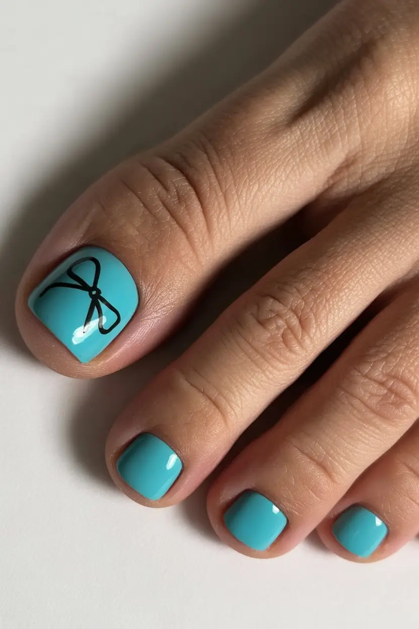 spring toe nail color 2026 Playful Blue Minimalism with a Graphic Bow Accent