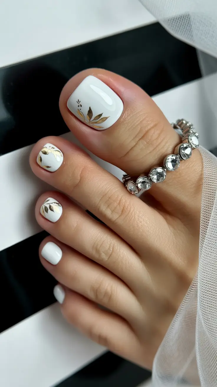 spring toe nail color 2026 Clean White Pedicure with Delicate Gold Botanical Details